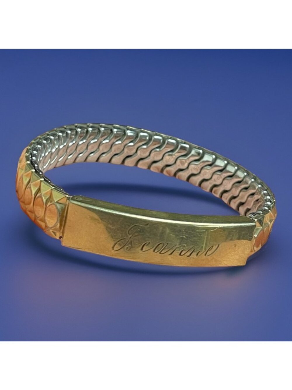 Vtg Engraved ID Bracelet Leanne Cursive Gold-Tone Stretch Band Speidel